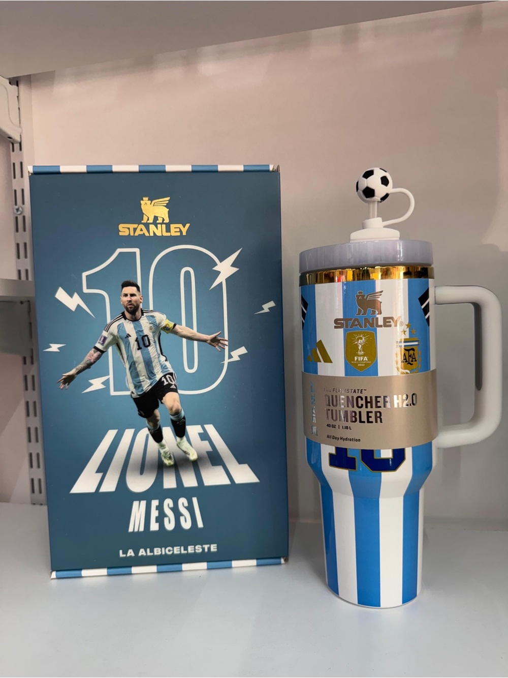 Stanley Blue White Lionel Messi Quencher H2.0 Tumbler with Soccer Straw Topper